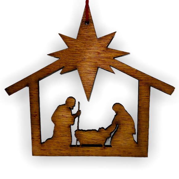 Holiday Vintage Burned Wood Holy Family Christmas Ornament Nativity